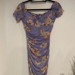 Privy Floral Ruched Mini Dress in Purple and Tan Sz L